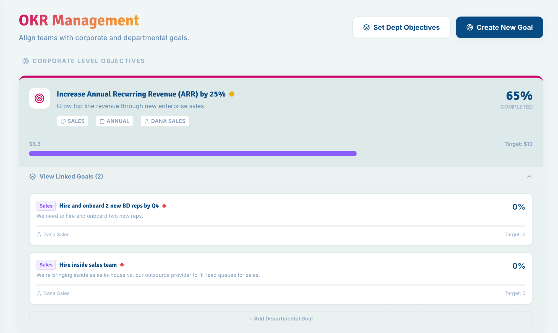 OKR Management interface showing goal creation and tracking
